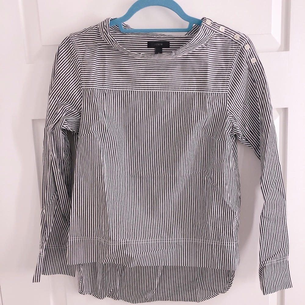 J. Crew Navy Striped Cotton Poplin Top